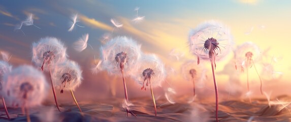 a group of dandelions flying in the wind