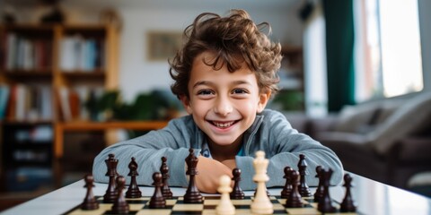 A boy plays chess with his mother. Generative AI.