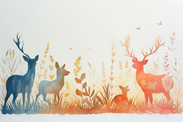 A tranquil sunset scene in paper art, showcasing silhouetted deer against a backdrop of layered mountains and flying birds.. - obrazy, fototapety, plakaty