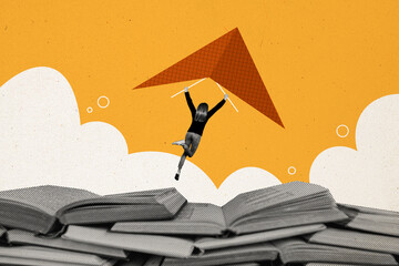 Creative photo collage young girl paper airplane flight bookworm reader literature learner preparation exam drawing background
