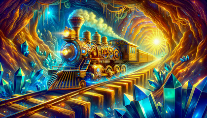 a train tunnel geology mine treasure riches cave goldmine ancient treasury underground trolley mineral rock gold railway mountain jewel valuable glowing crystal gem gemstone mining wealth diamond