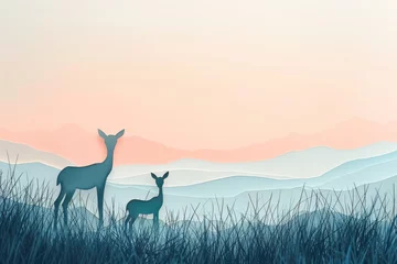 Photo sur Plexiglas Cerf A tranquil sunset scene in paper art, showcasing silhouetted deer against a backdrop of layered mountains and flying birds..