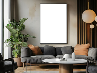 Black painted wooden frame mockup close up on grey wall,Living Room,green plants, hanging lights,afternoon,Generative AI