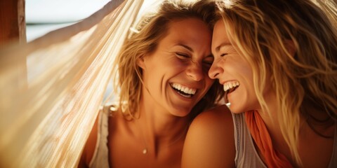 Happy lesbian couple in a hammock. Girls relax in nature, laugh with happiness. Generative AI. - obrazy, fototapety, plakaty