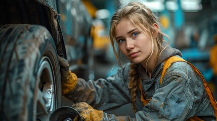 A young female mechanic is shown in a portrait during the process of repairing a car wheel and installing a new tire. She wears a work uniform and is focused on her task in the auto service workshop.