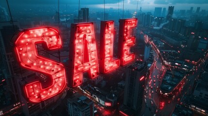 A vibrant and glowing neon sign saying 'sale' in an urban setting, urging for big savings. The colorful sign stands out against the city backdrop, attracting attention.