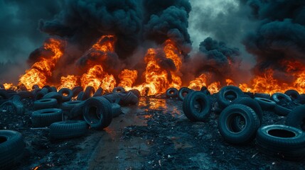 Witness a major fire outbreak at a tire landfill, spreading toxic smoke and fire, polluting the environment with harmful elements.
