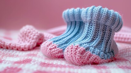 Handcrafted blue and pink knitted baby booties on a checkered backdrop