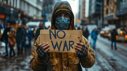 A man wearing a mask is seen protesting against war on a city street, holding a sign that reads 'no to war'. The scene captures the activist's determination and the city's urban environment.
