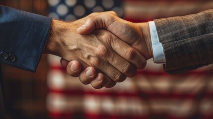 Two business partners shaking hands in agreement while sealing a deal with american authorities in front of the national flag, symbolizing a formal and significant partnership.