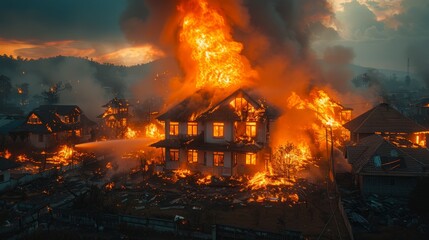 The small country house is overtaken by flames and smoke, causing property and shelter destruction. - obrazy, fototapety, plakaty