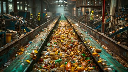 Conveyor belt in household waste processing plant, carrying garbage for sorting. Modern facility minimizes environmental impact and maximizes recycling efforts. - obrazy, fototapety, plakaty