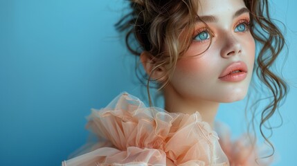 A portrait of a young lady in a peach dress set against blue. Chic outfit with elegant touches and a captivating gaze.