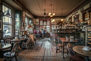 Fototapeta na wymiar Vintage Cafe Ambiance: Patrons Enjoying Timeless Comfort