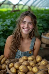 Radiating beauty and youth, a young woman surrounded by a potato crop shines in a portrait that highlights her elegance with a stunning smile.