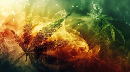 Background with single marijuana leaf and smoke clouds in Rasta colors. Nature's art: Rasta smoke...