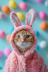 Cute ginger kitten wearing pink bunny ears on pink background. Easter concept.