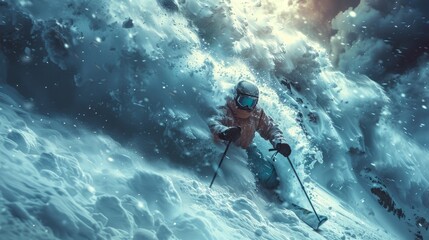A skier is caught in a terrifying avalanche while descending a mountain. The snow is dramatically swirling around the skier as they struggle to maintain control and navigate their way to safety.