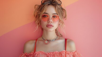 Infused with a classic cinematic charm, a young woman models in vintage glasses and a peach ruffled blouse, epitomizing sophistication.