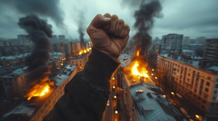 A big fist against the background of a smoking and burning city. Expressing protest to the authorities and demanding a change of government. - obrazy, fototapety, plakaty