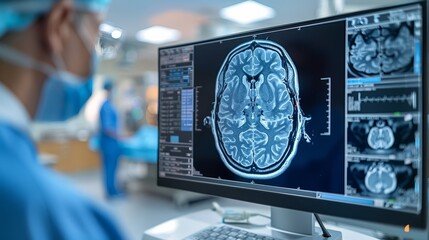 Experience a detailed medical examination with modern equipment in the clinic, showcasing advanced brain tomography imaging of the human skull displayed on a computer monitor.