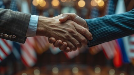 Two businesspeople from different countries shaking hands in front of the american and russian flags, symbolizing an international business agreement. - obrazy, fototapety, plakaty