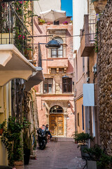 Fototapeta na wymiar Chania old town alleys on a beautiful summer day, Crete, Greece