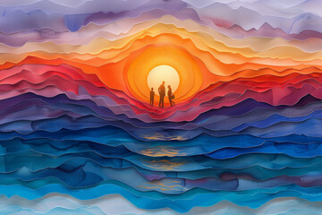 A couple holding hands stands before a colorful abstract sunrise layered in waves, creating a sense...