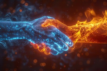 Conceptual image of a fiery and icy handshake, where one hand is engulfed in flames and the other in ice, symbolizing the contrast between passion and indifference. - obrazy, fototapety, plakaty