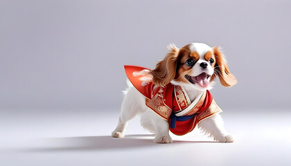 A Cavalier King Charles Spaniel puppy dressed in a traditional Chinese Hanfu outfit