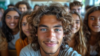 A diverse group of eight young people sitting closely next to each other in a classroom setting