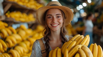 A young female farmer with a smile in a woven hat holding fresh ripe bananas. - obrazy, fototapety, plakaty