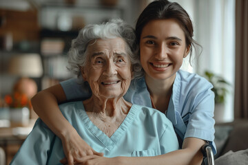 cheerful nurse hugging smiling senior woman - Powered by Adobe