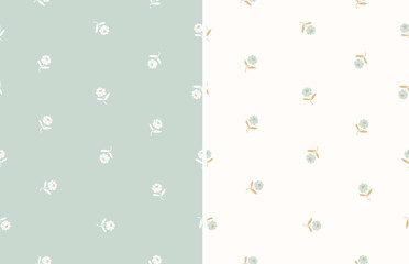 Cute Ditsy Floral Pattern. Seamless Background with Tiny Flowers. Floral Endless Prints with Hand Drawn Little Flowers Isolated on a Light Mint Blue and Off-White Background.  - 762489212