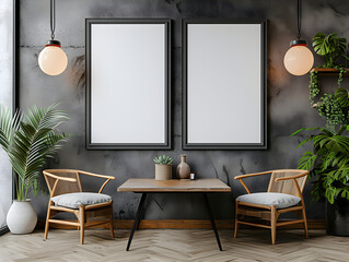 Black painted wooden frame mockup close up on grey wall,The Lounge Room,green plants, wooden chairs,table wood, hanging lights, night,Generative AI