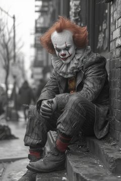 A sad clown is sitting on the ledge of a city building, creating an eerie atmosphere.