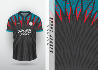 Jersey design, outdoor sports, jersey, football, futsal, running, racing, exercise, black, blue, red zigzag pattern.