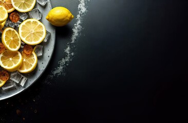 Slices of fresh lemon and dried citrus fruits lie among ice cubes on a platter, black background, top view, banner with space for text