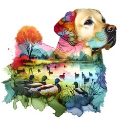 A vibrant watercolor blend of nature and animal imagery forms the silhouette of a Labrador Retriever profile 