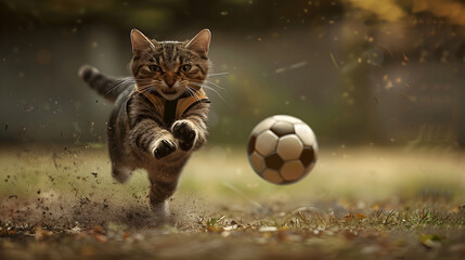 Athletic Cat in Soccer Uniform Kicking Ball in Cinematic Action Shot