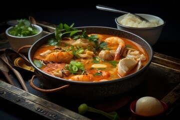 Tasty bouillabaisse on a metal tray against a rice paper background