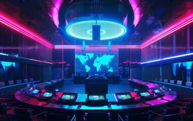 An animated 3D model of a neon conference hall, hosting international business meetings with holographic presentations