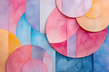 This artwork is an abstract collage of watercolor paper, showcasing a harmonious blend of colors and geometric shapes..