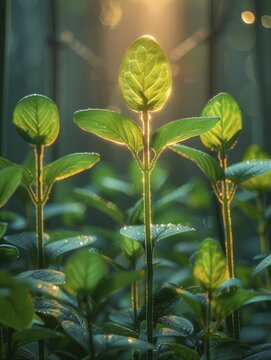 Abstract lights illuminate indoor crops in the Photosynthesis Towers, fostering vibrant growth.
