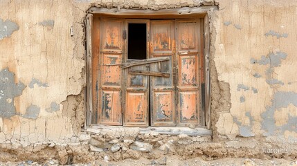 Fototapeta na wymiar Ancient traditional residential old house wall and wooden window in Tuyoq village valley inTurpan Xinjiang Province China.
