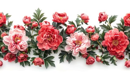 a seamless pattern of a border adorned with lush red peonies against a pristine white background, offering ample empty space for text.