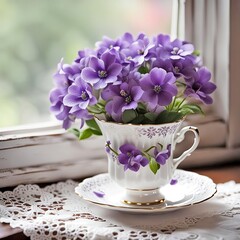 A vintage-styled teacup filled with vibrant purple flowers on a lacy white doily by an old window - 762490647