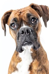 Muzzle of a tiger-colored boxer dog in close-up. The piercing gaze of a tiger-striped boxer dog.