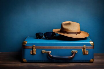 Sunglasses , hat , Blue old suitcase on a wooden background.