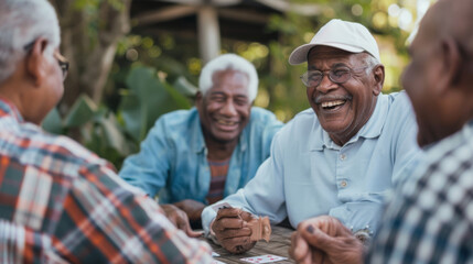 Senior men with smiles engage in a card game outdoors. - obrazy, fototapety, plakaty